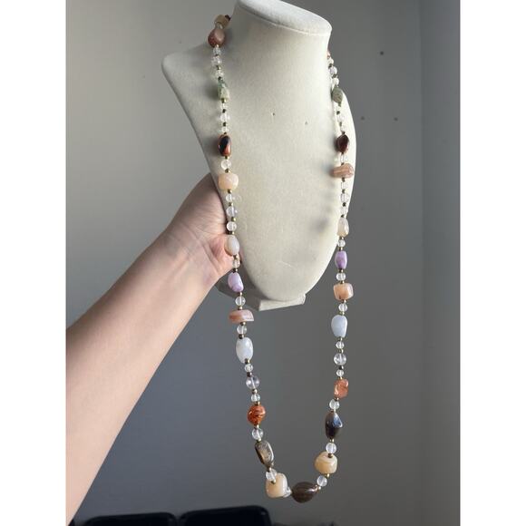 Polished Multi Stone Beggar Bead Necklace Multicolor Multi Color Agate 32” Brass - Picture 2 of 6